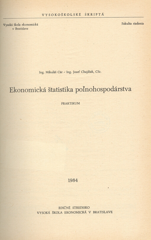 Ekonomická štatistika poľnohospodárstva : praktikum