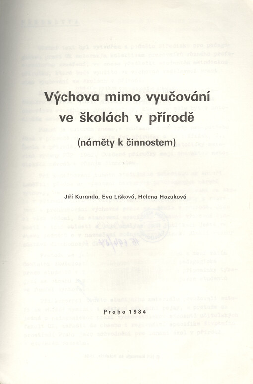 Výchova mimo vyučování ve školách v přírodě: náměty k činnostem : skripta pro posl. pedagog. fakulty Univ. Karlovy