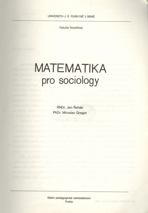 Matematika pro sociology :určeno pro stud. fak. filozof., obor marxisticko-leninská sociologie