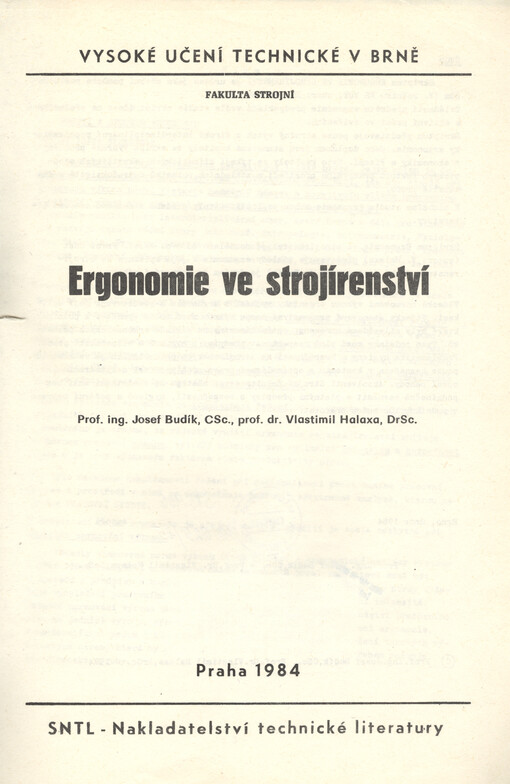 Ergonomie ve strojírenství :určeno pro posl. fak. strojní