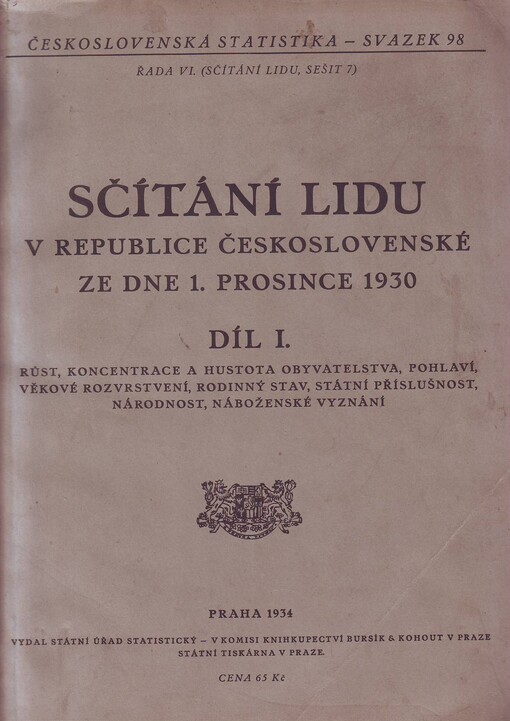 Sčítání lidu v republice Československé ze dne 1. prosince 1930.Díl I,Růst, koncentrace a hustota obyvatelstva, pohlaví, věkové rozvrstvení, rodinný stav, státní příslušnost, národnost, náboženské vyznání