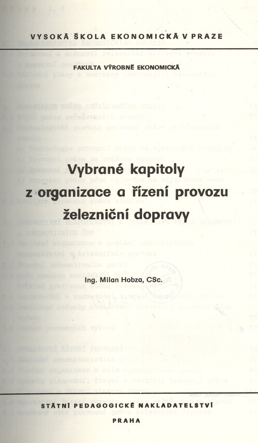Vybrané kapitoly z organizace a řízení provozu železniční dopravy
