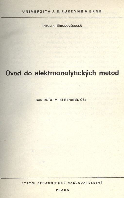Úvod do elektroanalytických metod :určeno pro posl. fak. přírodověd.
