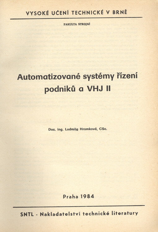Automatizované systémy řízení podniků a VHJ II