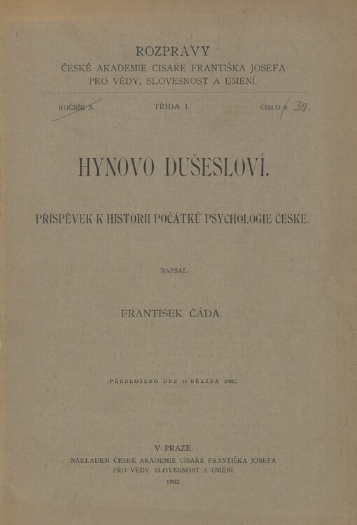 Hynovo dušesloví : příspěvek k historii počátků psychologie české