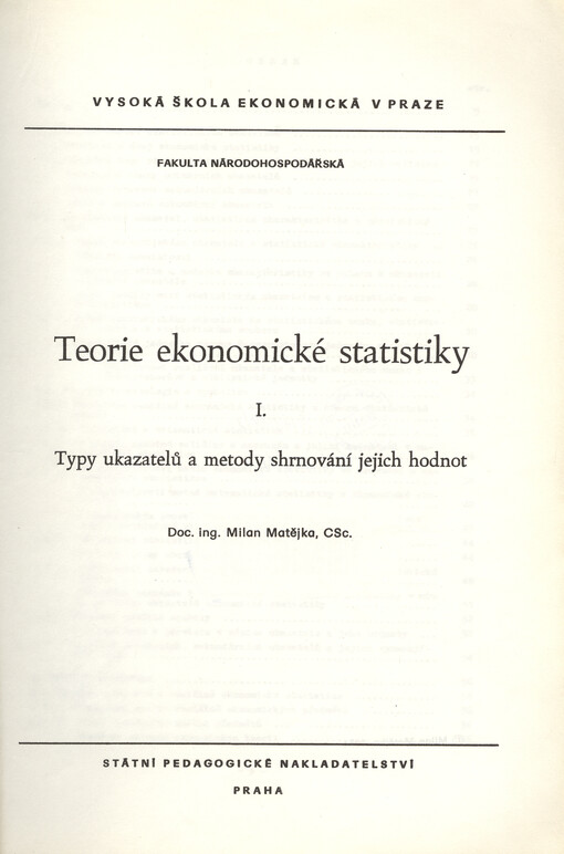 Teorie ekonomické statistiky. I., Typy ukazatelů a metody shrnování jejich hodnot