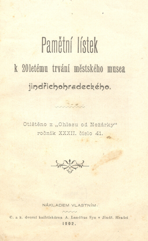 Pamětní lístek k 20letému trvání městského musea jindřichohradeckého