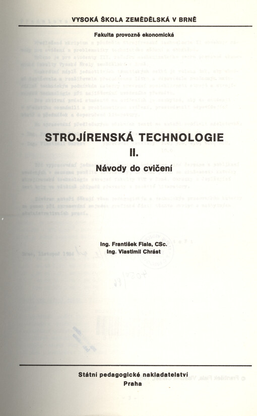 Strojírenská technologie :určeno pro posl. fak. provozně ekon.[Díl] 2,Návody do cvičení