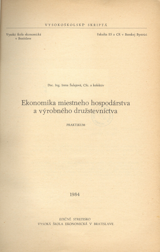 Ekonomika miestneho hospodárstva a výrobného družstevníctva : praktikum