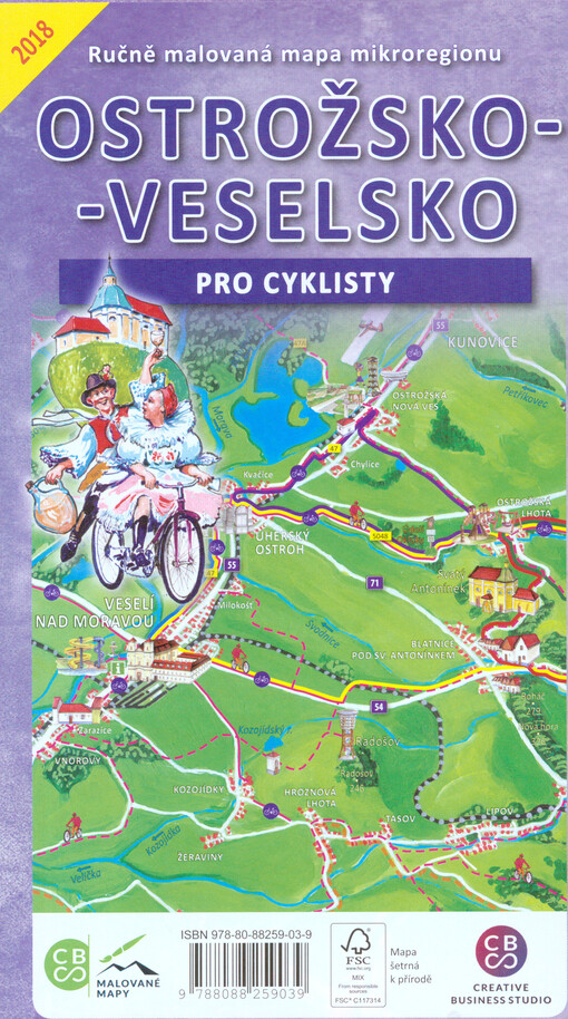 Ručně malovaná mapa mikroregionu Ostrožsko - Veselsko pro cyklisty