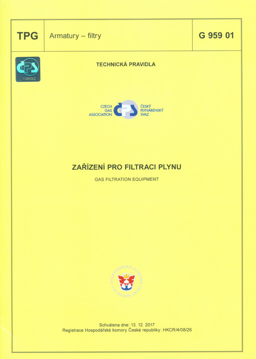 Zařízení pro filtraci plynu = Gas filtration equipment : TPG G 959 01 : schválena dne: 13.12.2017