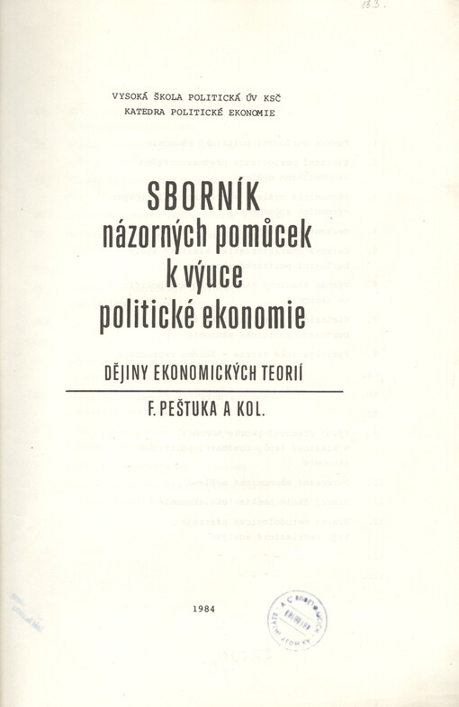 Sborník názorných pomůcek k výuce politické ekonomie : část dějiny ekonomických teorií