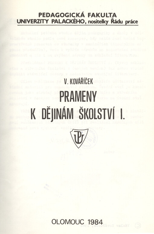 Prameny k dějinám školství : Určeno pro stud. učitelství. 1., Vývoj základního a středního školství v českých zemích