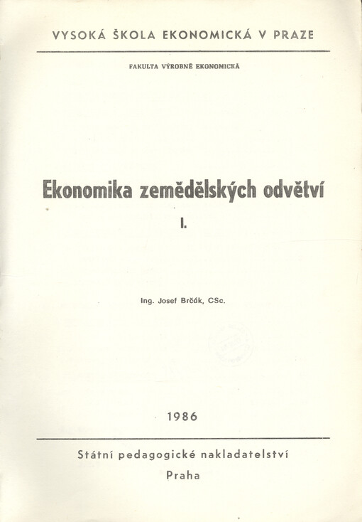 Ekonomika zemědělských odvětví I.