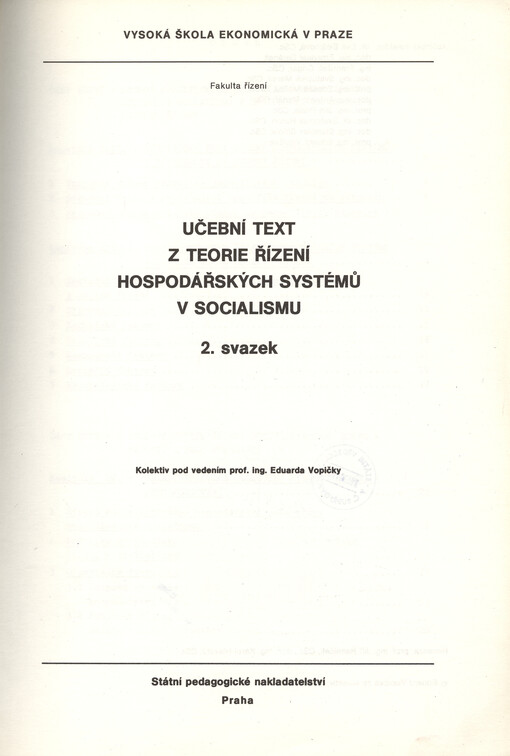 Učební text z teorie řízení hospodářských systémů v socialismu. 2. svazek, Sv. 2