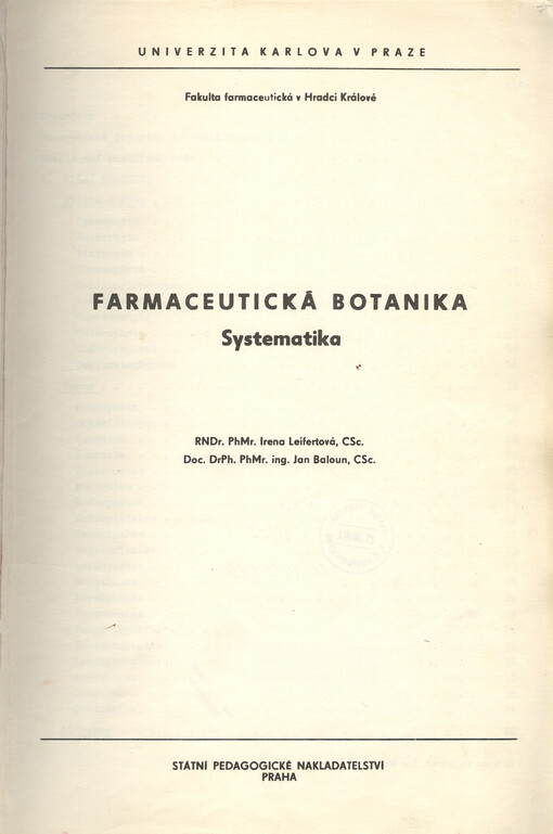 Farmaceutická botanika :systematika : určeno pro posl. fak. farmaceutické