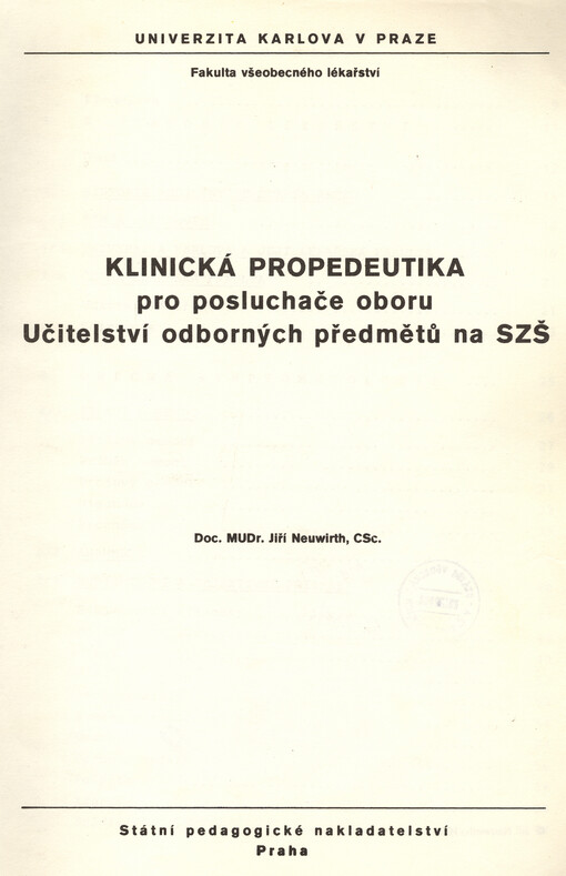 Klinická propedeutika pro posluchače oboru Učitelství odborných předmětů na SZŠ