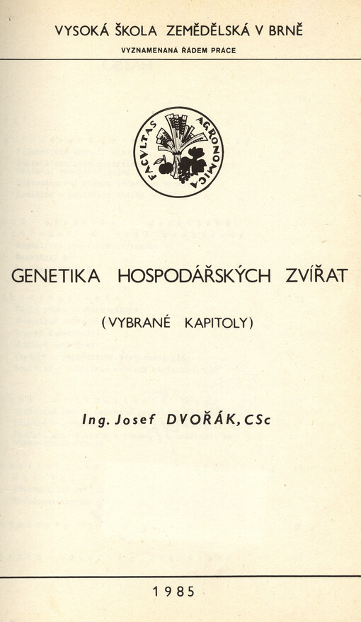 Genetika hospodářských zvířat : vybrané kapitoly