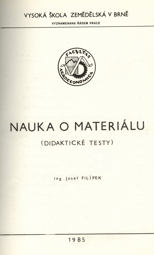 Nauka o materiálu : didaktické testy : určeno pro posl. provozně ekon. fak.