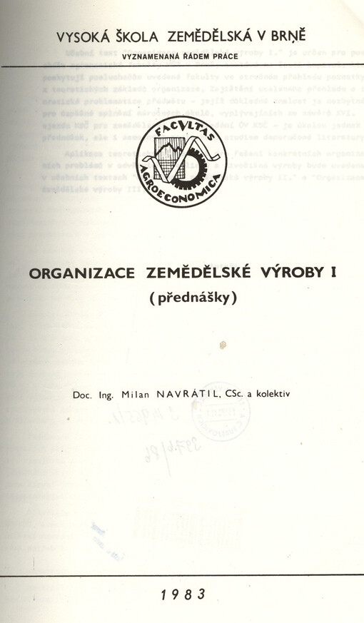 Organizace zemědělské výroby :(přednášky).Díl 1