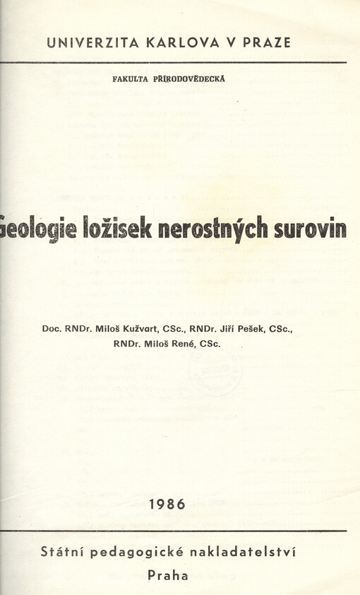 Geologie ložisek nerostných surovin :pro posluchače fakulty přírodovědecké