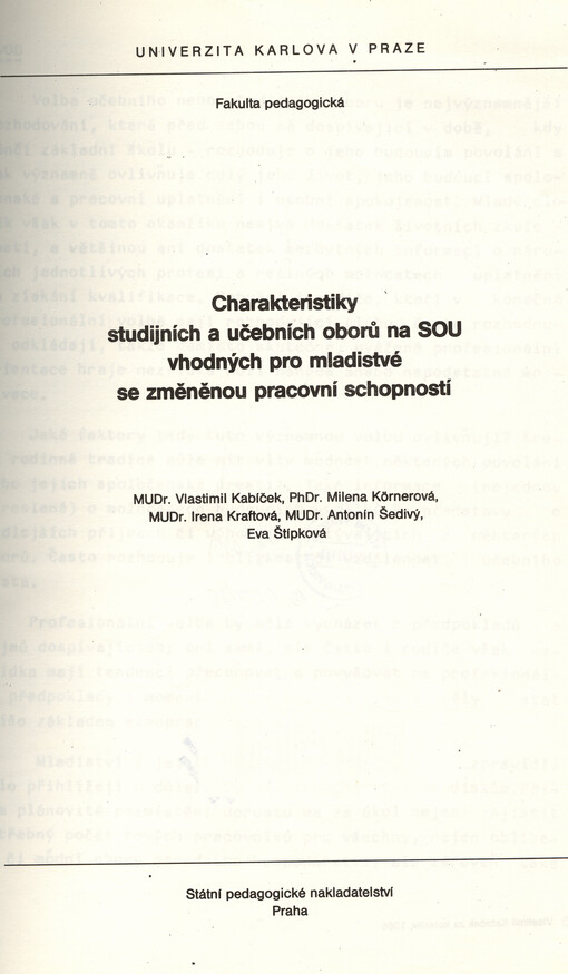 Charakteristiky studijních a učebních oborů na SOU vhodných pro mladistvé se změněnou pracovní schopností