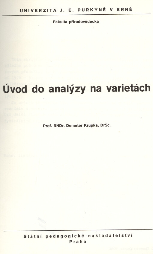 Úvod do analýzy na varietách : určeno pro posl. fak. přírodověd.