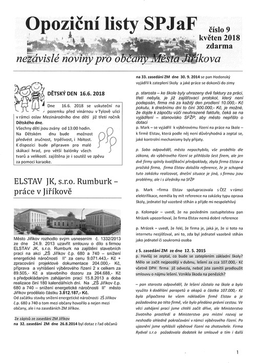 Opoziční listy SPJaF : nezávislé noviny pro občany města Jiříkova