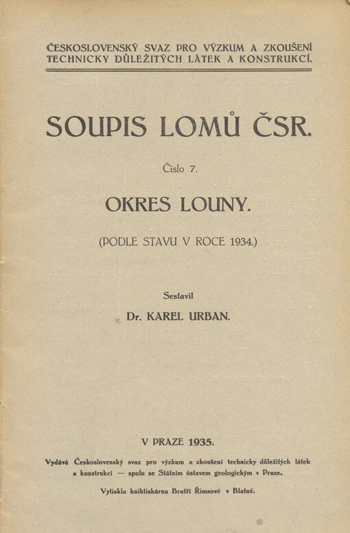 Soupis lomů ČSR. Číslo 7., Okres Louny : (podle stavu v roce 1934)