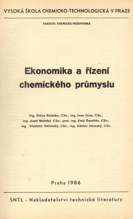 Ekonomika a řízení chemického průmyslu :určeno pro posl. fak. chemicko-inž.