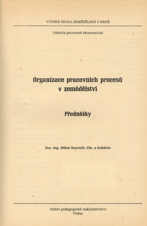 Organizace pracovních procesů v zemědělství : přednášky