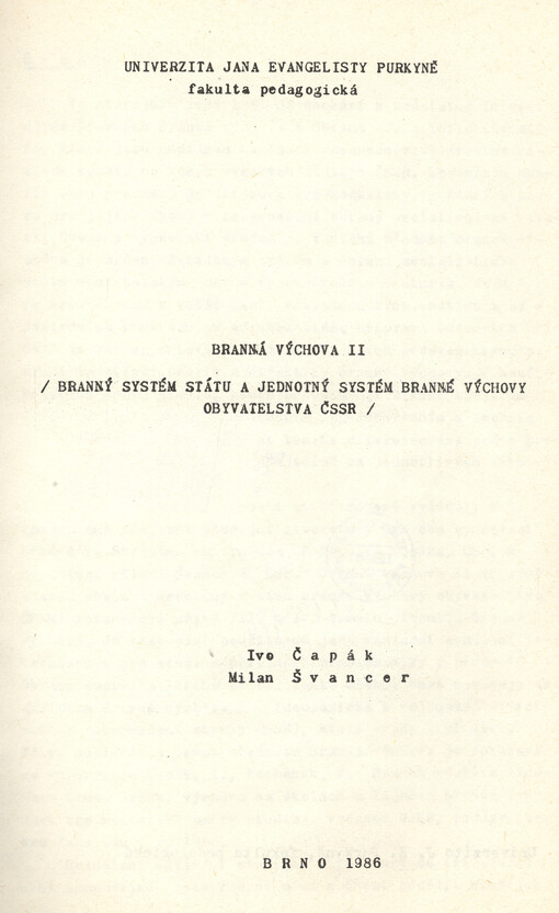 Branná výchova II : (branný systém státu a Jednotný systém branné výchovy obyvatelstva ČSSR)