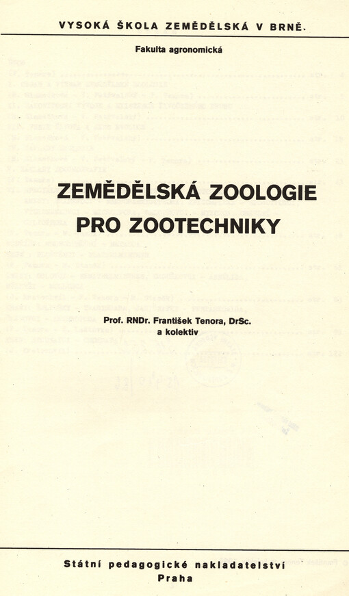 Zemědělská zoologie pro zootechniky :určeno pro posl. fak. agronomické - obor zootechn.