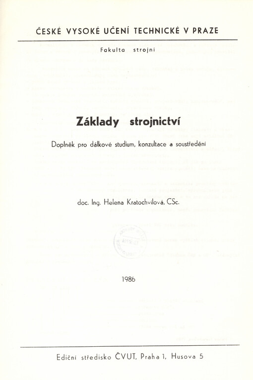 Základy strojnictví : doplněk pro dálkové studium, konzultace a soustředění