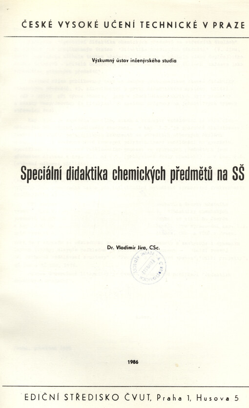 Speciální didaktika chemických předmětů na SŠ :určeno pro doplňkové studium