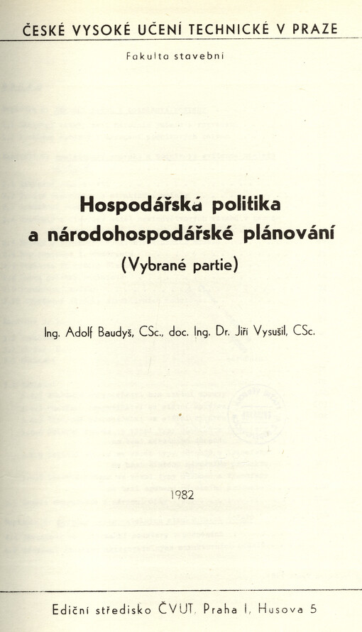 Hospodářská politika a národohospodářské plánování :(vybrané partie)