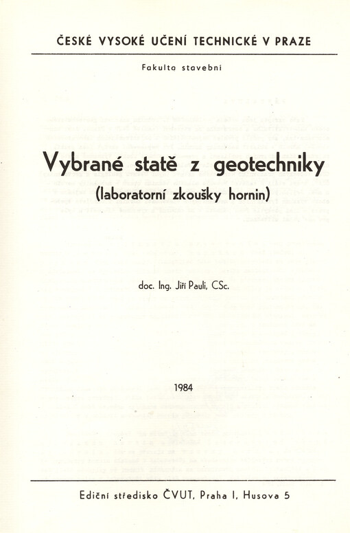 Vybrané statě z geotechniky : (laboratorní zkoušky hornin)