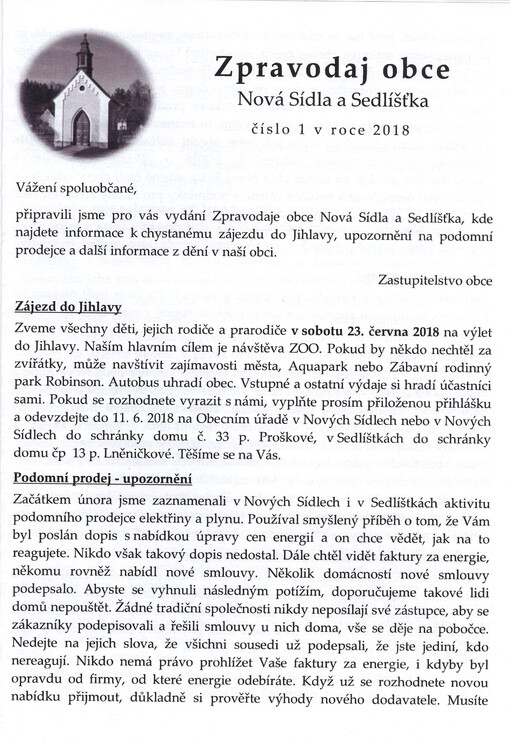 Zpravodaj obce Nová Sídla a Sedlíšťka