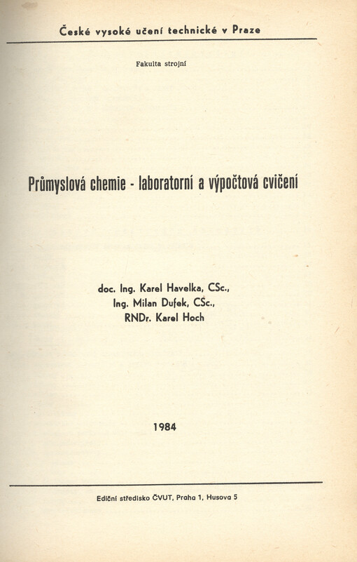 Průmyslová chemie - laboratorní a výpočtová cvičení