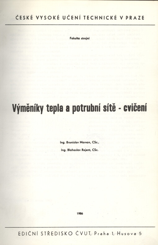 Výměníky tepla a potrubní sítě : cvičení