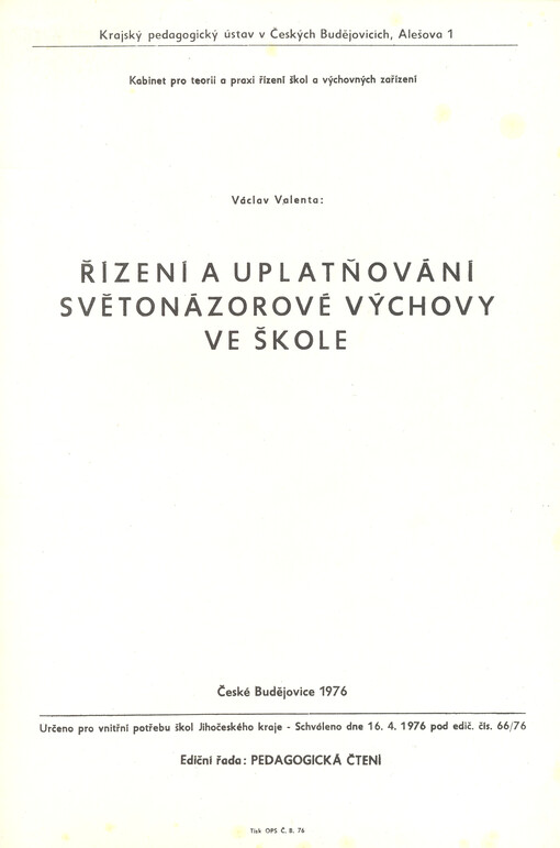 Řízení a uplatňování světonázorové výchovy ve škole