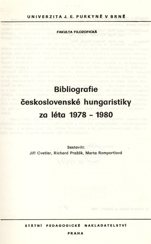 Bibliografie československé hungaristiky za léta 1978 - 1980