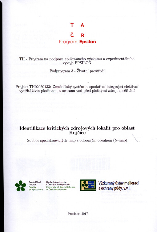 Identifikace kritických zdrojových lokalit pro oblast Kojčice : soubor specializovaných map s odborným obsahem (N-map)