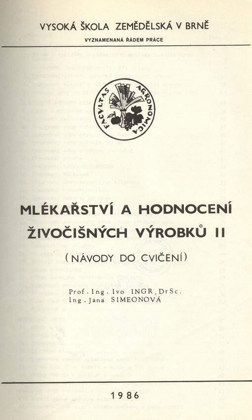 Mlékařství a hodnocení živočišných výrobků II :návody do cvičení