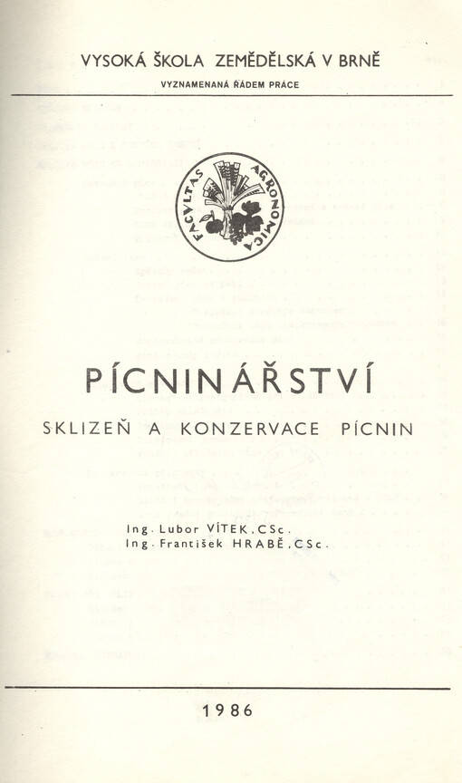 Pícninářství :Sklizeň a konzervace pícnin : Určeno pro posl. agronomické fak.