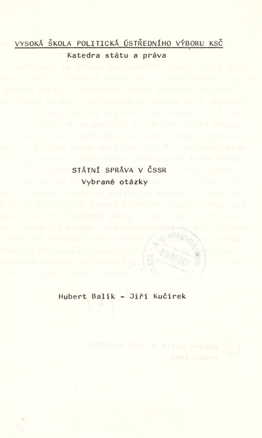 Státní správa v ČSSR : vybrané otázky