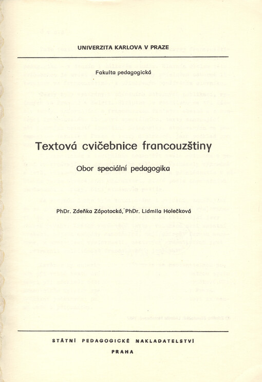 Textová cvičebnice francouzštiny : obor speciální pedagogika : určeno pro posl. fak. pedagog.