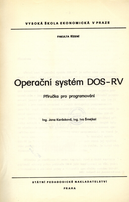 Operační systém DOS-RV :příručka pro programování : určeno pro posl. fak. řízení