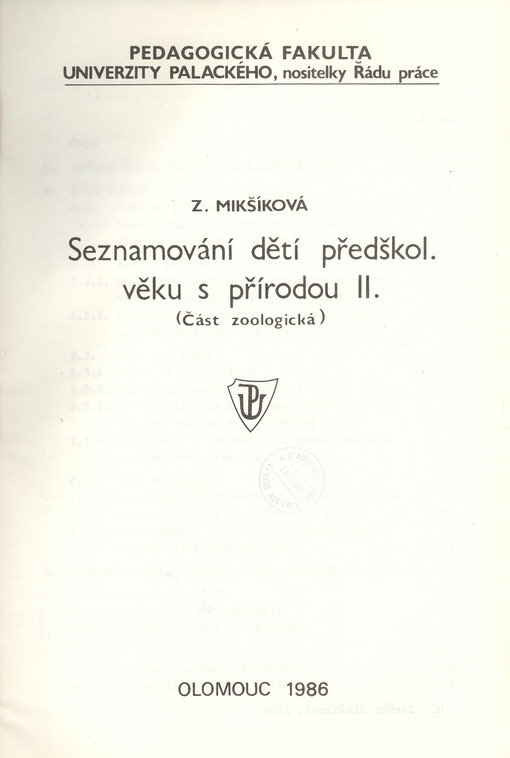 Seznamování dětí předškolního věku s přírodou.[Sv.] 2,Část zoologická, 1. vyd.