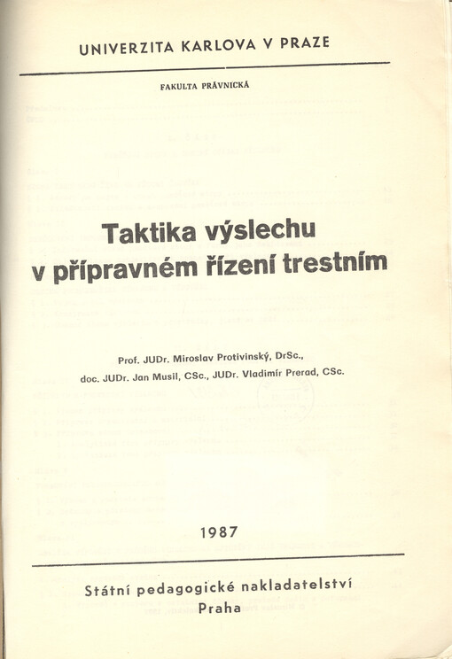 Taktika výslechu v přípravném řízení trestním : určeno pro posl. fak. právnické